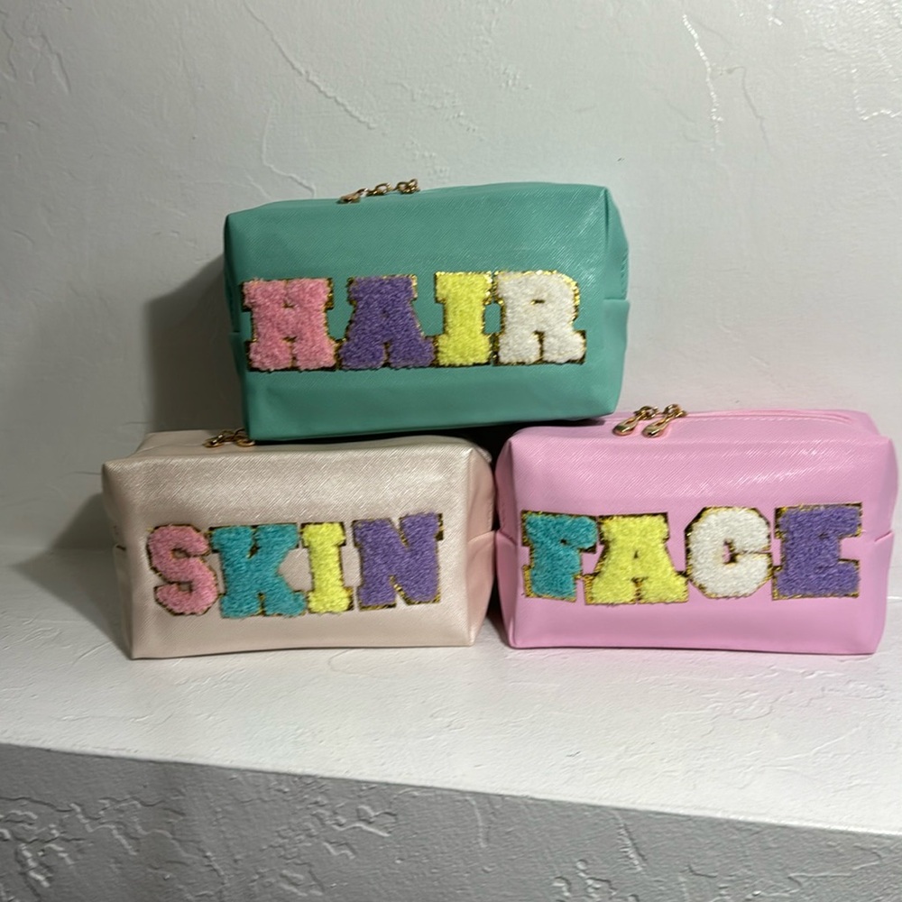 Hair, Skin and Face patch letter cosmetic case 3 pc bundle